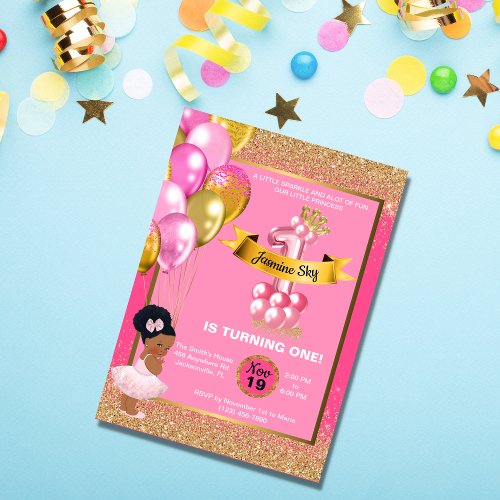 Pink and Gold Princess First Birthday Invitation