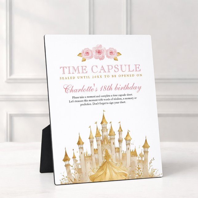 Pink and Gold Princess First Birthday Time Capsule Plaque (Time Capsule Table Top Sign)
