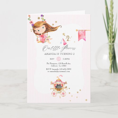 Pink and Gold Princess Girl 2nd Birthday Party Invitation