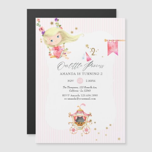 Pink and Gold Princess Girl 2nd Birthday Party Magnetic Invitation