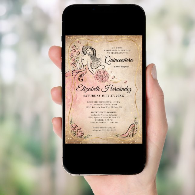 Pink and Gold Princess Quinceanera Birthday Invitation (Front Digital)