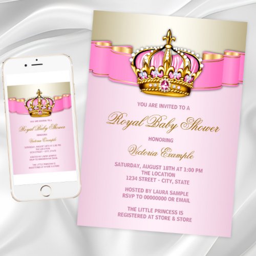 Pink and Gold Princess Royal Baby Shower Invitation