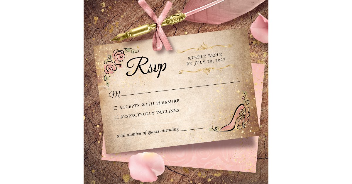 Pink and Gold Princess Shoe Elegant Wedding RSVP Card