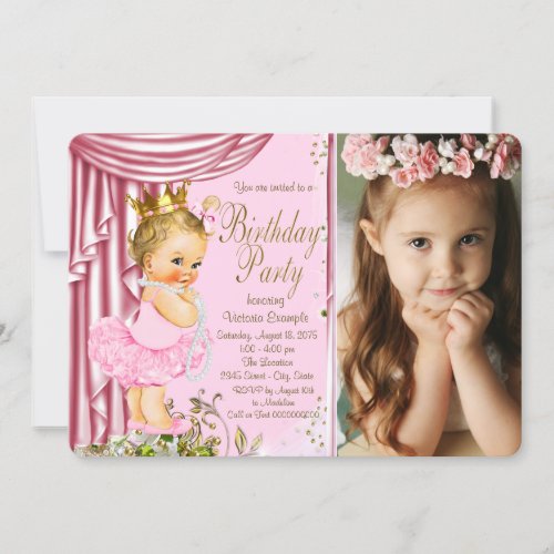 Pink and Gold Princess Tutu Pearl Birthday Party Invitation