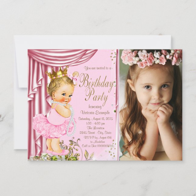 Pink and Gold Princess Tutu Pearl Birthday Party Invitation (Front)