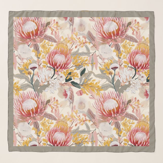 Pink and Gold Protea Floral Scarf (Front)