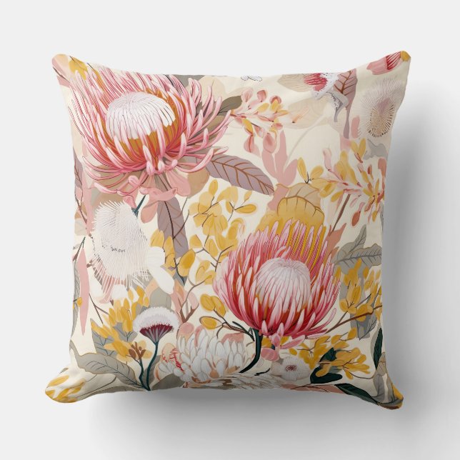 Pink and Gold Protea Floral Throw Pillow (Front)