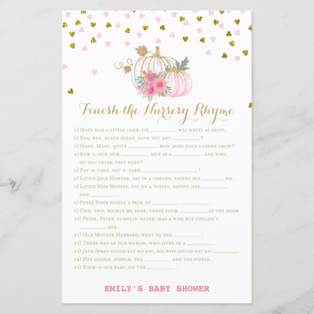 pink and Gold Pumpkin Baby Shower Game (Front)