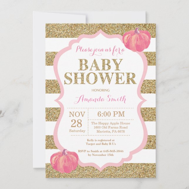 Pink and Gold Pumpkin Baby Shower Invitation (Front)