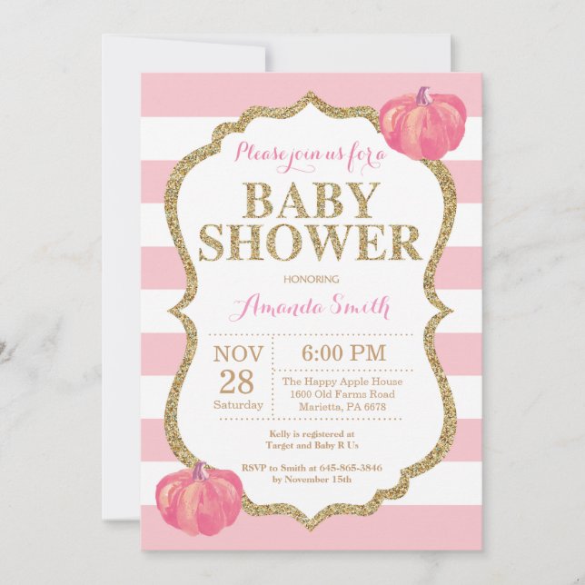 Pink and Gold Pumpkin Baby Shower Invitation (Front)