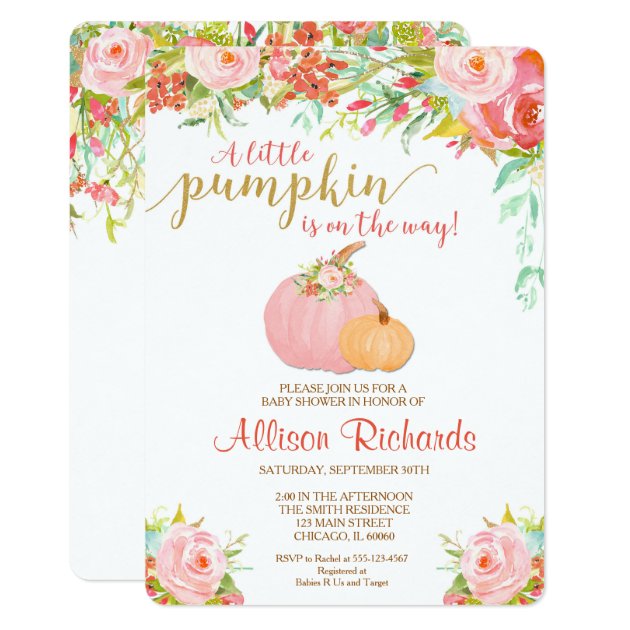 Pink And Gold Pumpkin Baby Shower Invitation, Fall Card