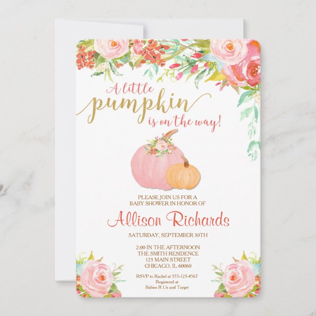 pink and gold pumpkin baby shower invitation, fall invitation (Front)
