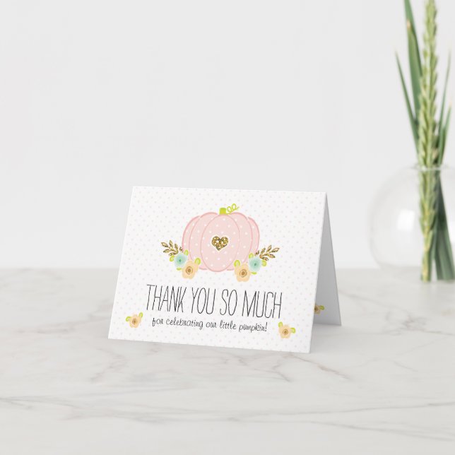 Pink and Gold Pumpkin Baby Shower Thank You Cards (Front)