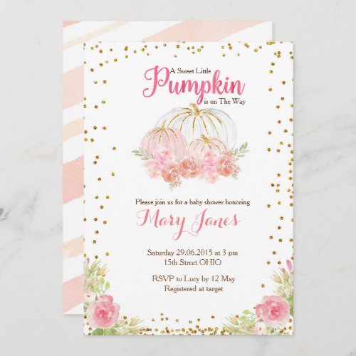 Pink and Gold pumpkin baby shower watercolor Invitation