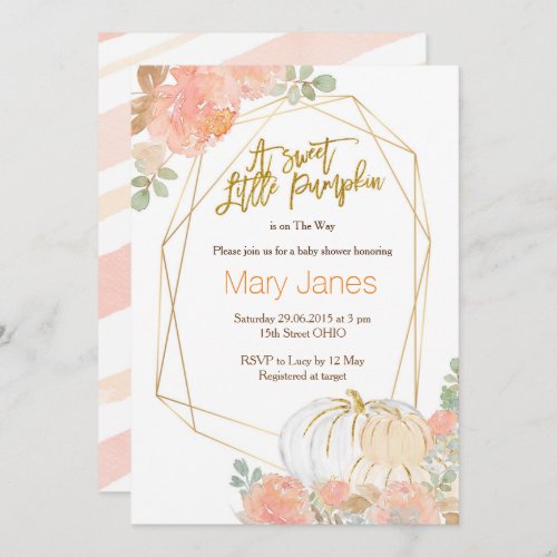 Pink and gold pumpkin baby shower watercolor invitation