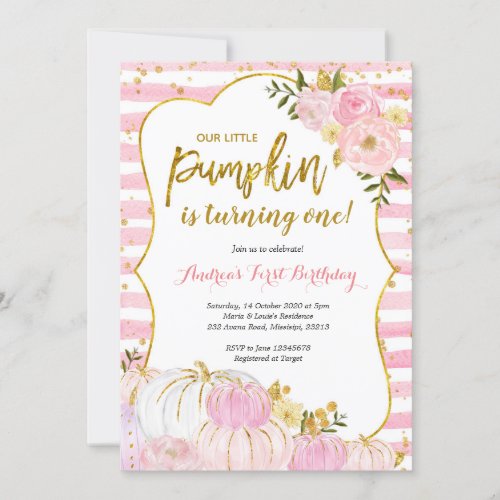 Pink and Gold Pumpkin First Birthday Invitation