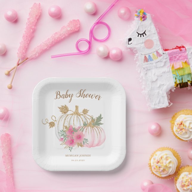 Pink And Gold Pumpkin Floral Baby Shower Paper Plates (Party)