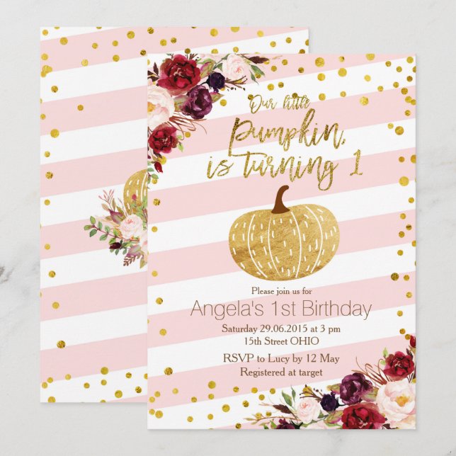 Pink and Gold Pumpkin Invitation First Birthday (Front/Back)