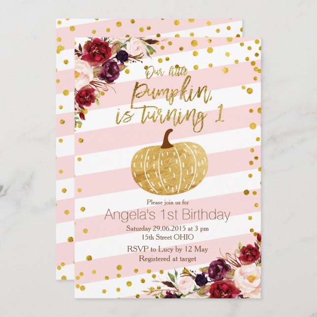 Pink and Gold Pumpkin Invitation First Birthday (Front/Back)