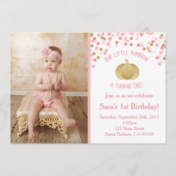 Pink And Gold Pumpkin Invitation First Birthday by Pixabelle at Zazzle