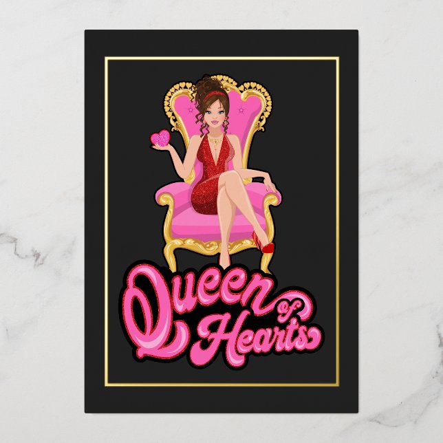 Pink and Gold Queen of Hearts Birthday Party Foil Invitation (Front)