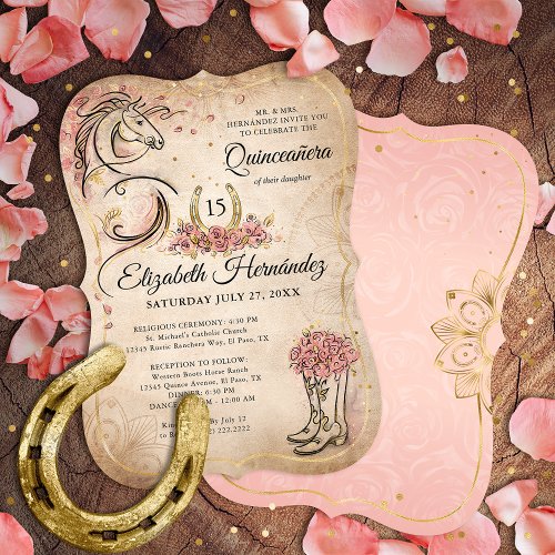 Pink and Gold Quinceanera Rustic Horse Birthday Invitation