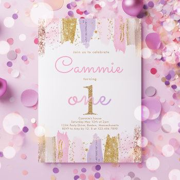 Pink And Gold Rainbow 1st Birthday Party Invitation by PixelPerfectionParty at Zazzle