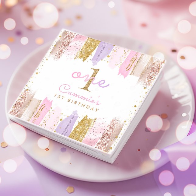 Pink And Gold Rainbow 1st Birthday Party Napkins (Creator Uploaded)