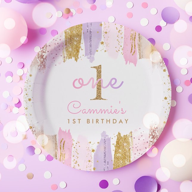 Pink And Gold Rainbow 1st Birthday Party Paper Plates (Creator Uploaded)