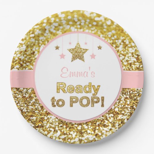 Pink and gold ready to pop baby shower plates