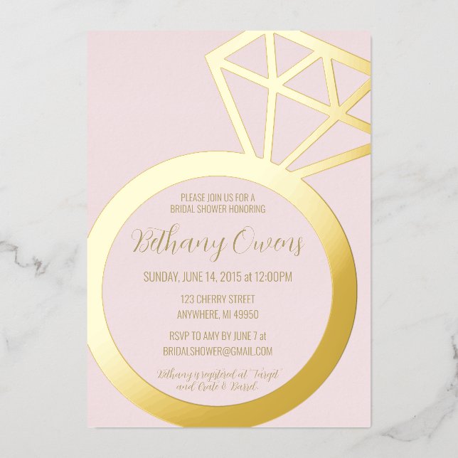 Pink and Gold Ring Bridal Shower, Wedding Foil Invitation (Front)