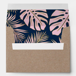 Pink and gold ropical leaves navy rustic wedding envelope
