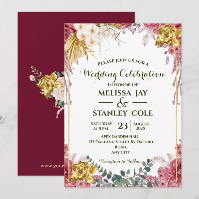 Pink and Gold Rose Eucalyptus Floral Wedding  Invitation (Front/Back)