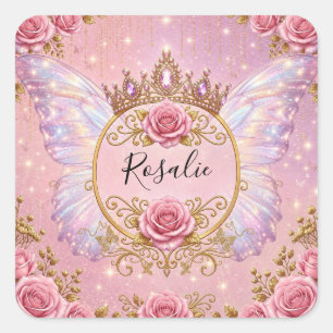 Pink and Gold Rose Floral Fairy Princess Butterfly Square Sticker