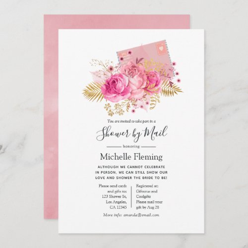 Pink and Gold Roses Baby or Bridal Shower by Mail Invitation