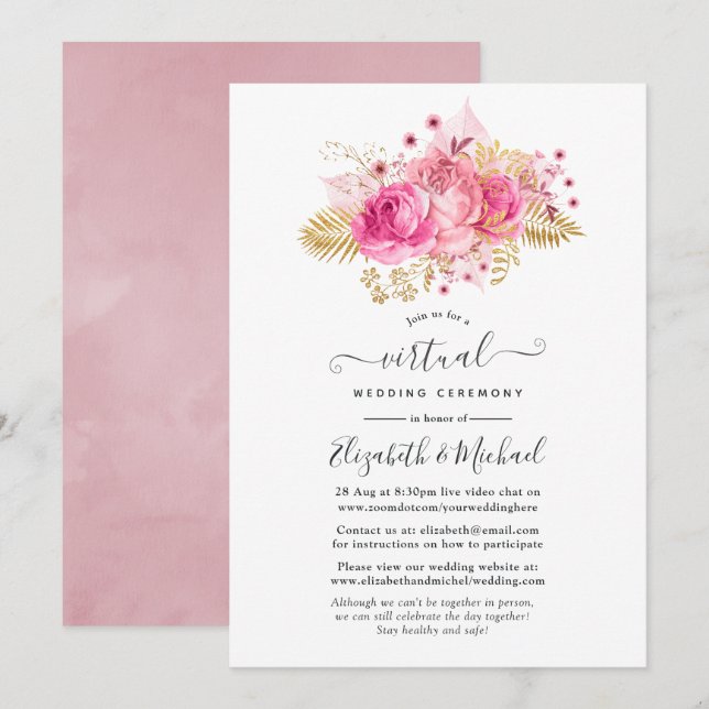 Pink and Gold Roses Online Virtual Wedding Invitation (Front/Back)