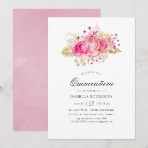 Pink and Gold Roses Watercolor Quinceañera Invitation