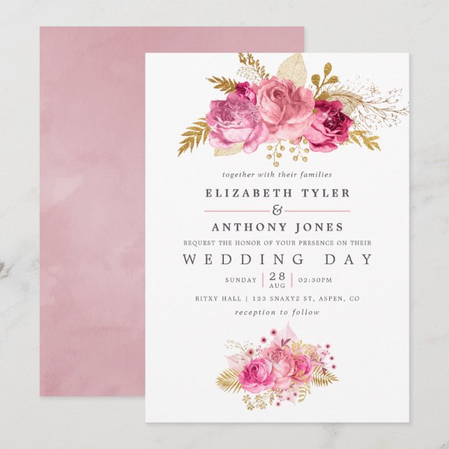 Pink and Gold Roses Watercolor Wedding Invitation (Front/Back)