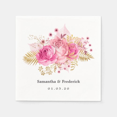 Pink and Gold Roses Watercolor Wedding Napkins