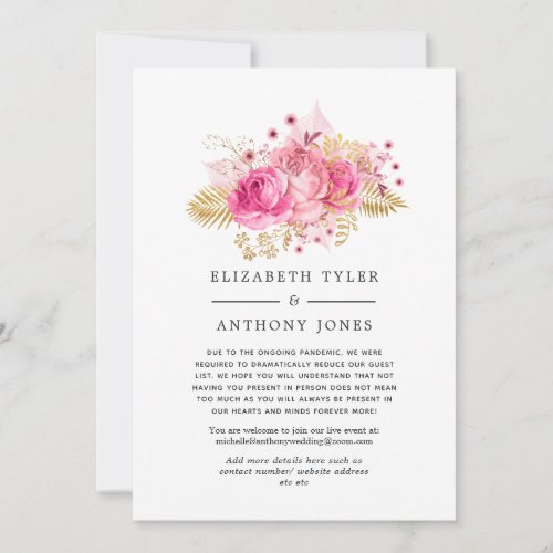 Pink and Gold Roses Wedding Reduced Guest List Announcement