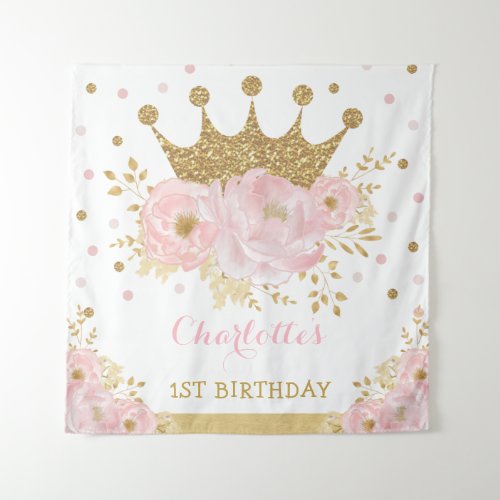 Pink and Gold Royal Crown Princess Birthday Party Tapestry