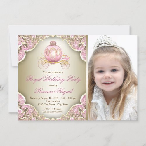 Pink and Gold Royal Princess Photo Birthday Party Invitation