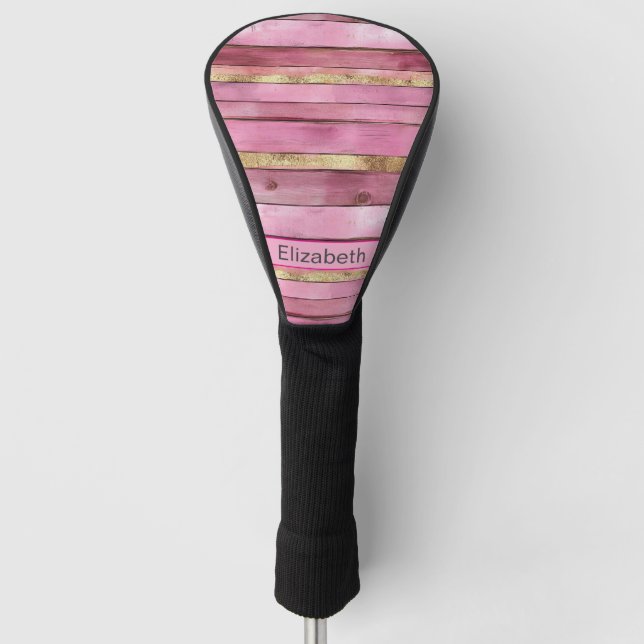 Pink and Gold Rustic Faux Wood Personalized Golf Head Cover (Front)