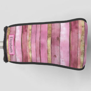 Pink and Gold Rustic Faux Wood Personalized Golf Head Cover