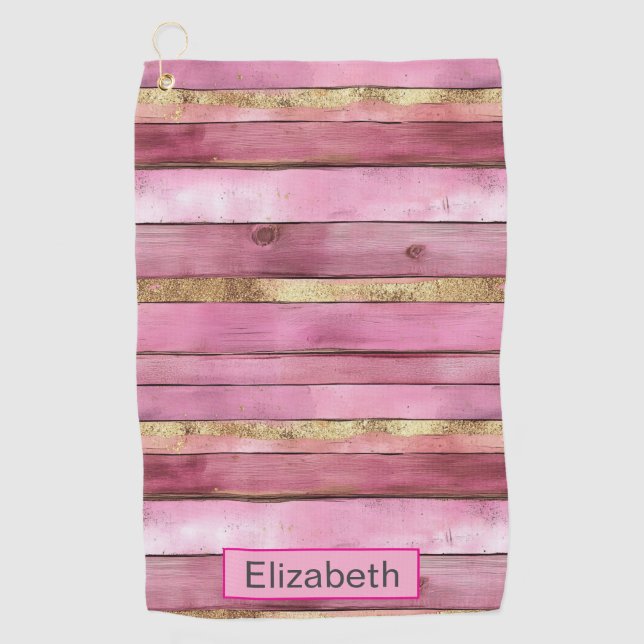 Pink and Gold Rustic Faux Wood Personalized Golf Towel (Front)
