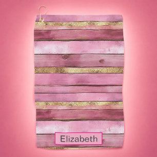 Pink and Gold Rustic Faux Wood Personalized Golf Towel