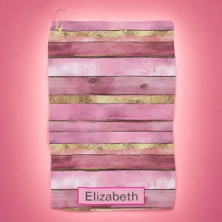 Pink and Gold Rustic Faux Wood Personalized Golf Towel