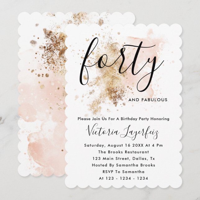 Pink And Gold Script Feminine Woman 40th Birthday  Invitation (Front/Back)