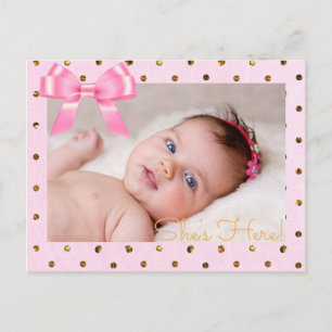Pink and Gold "She's Here" Birth Announcement Postcard
