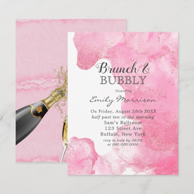 Pink and Gold Smoke Glitter Brunch & Bubbly  Invit Invitation (Front/Back)